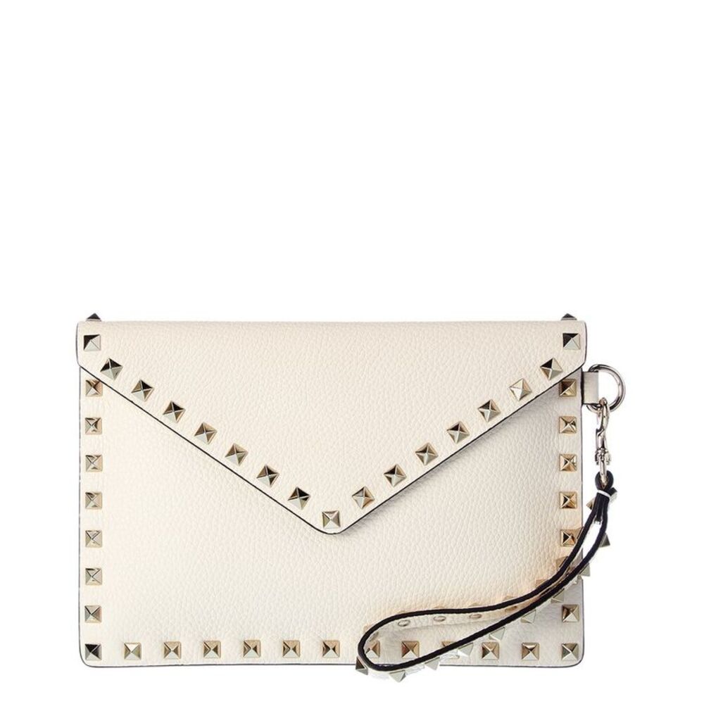 Valentino Rockstud Grainy Leather Pouch, White
